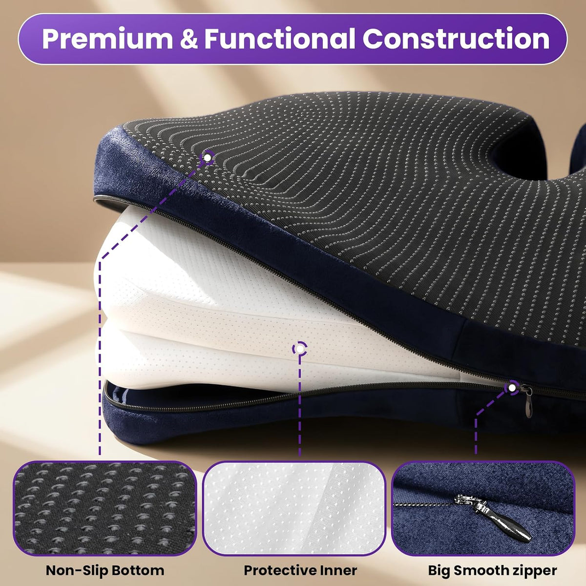 ZZ-WELL Seat Cushions for Office Chairs, Coccyx Cushion for Tailbone Pain, Memory Foam Butt Pillows for Computer Gaming Chair, Patented Pressure Relief Design Chair Cushion (Light Grey, XX-Large)