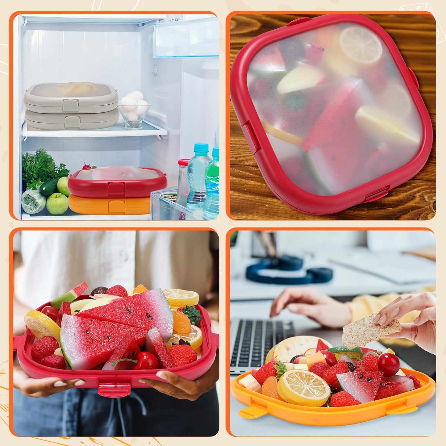 Nuogo 4 Pcs Silicone Food Storage Containers, Fruit Storage Box, Onion Keeper, Avocado Saver, Kitchen Organizers for Fridge, Fresh-keeping Design(Red, White,Orange,7.9 x 7.9 x 1.4 Inches)