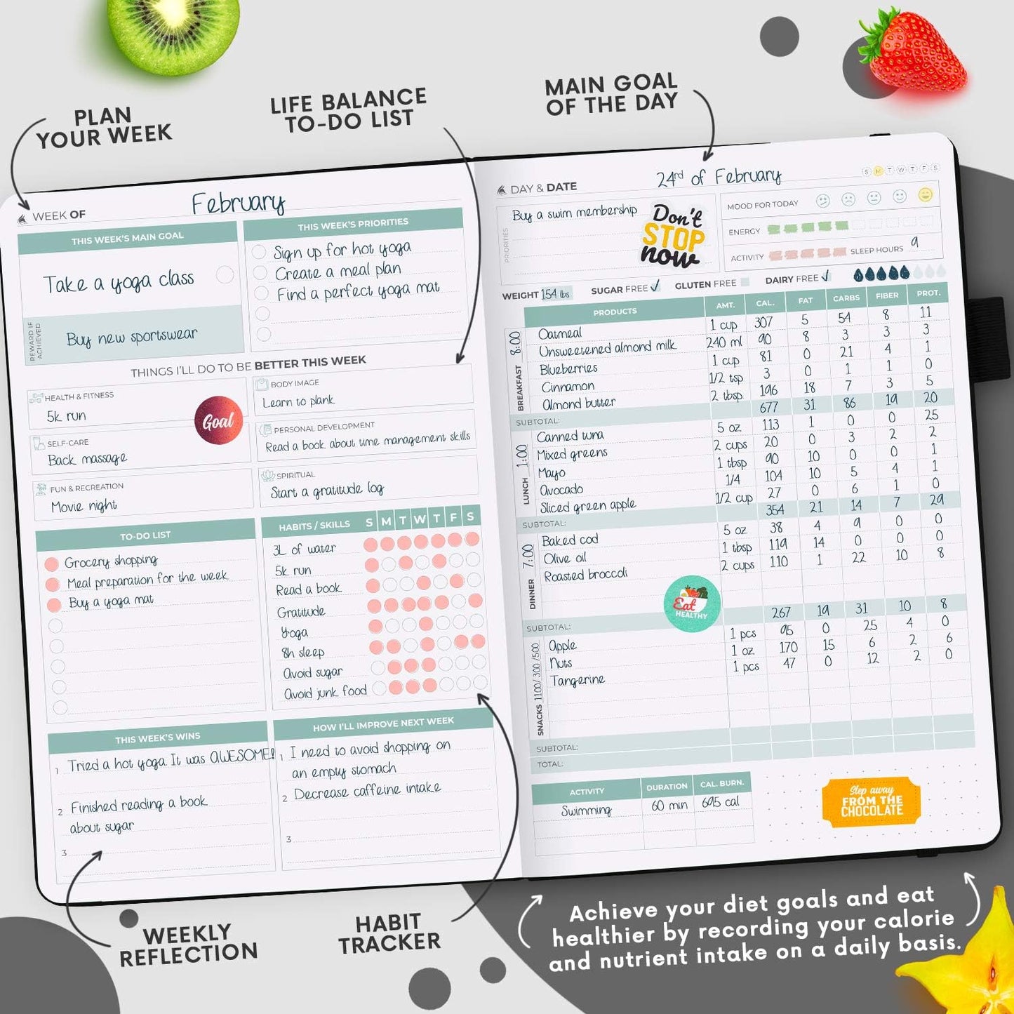 Clever Fox Wellness Planner & Food Journal for Weight Loss, A5 Orange | 5.8"x8.3" nutrition & exercise tracker for women tracking meals, diet & symptom diary, calorie counter notebook, stickers