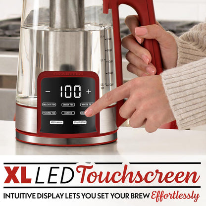 Gourmia Electric Glass Kettle – 1.7L Programmable Tea & Coffee Brewer with Digital Touch Display, 6 Presets, Removable Stainless Steel Infuser, Cordless with 360° Swivel Base, Black