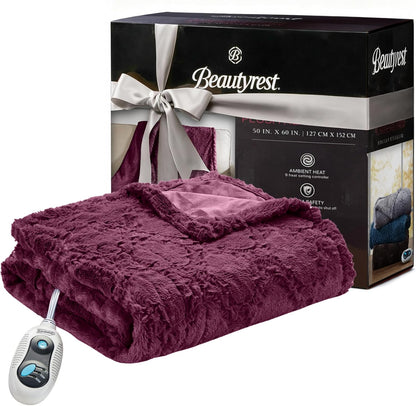 Beautyrest Long Brushed Faux Fur Ogee Textured Design Electric Blanket, Auto Shut Off, Virtually Zero EMF, Multi Heat Setting, UL Certified, Machine Washable, Grey Throw 50x60