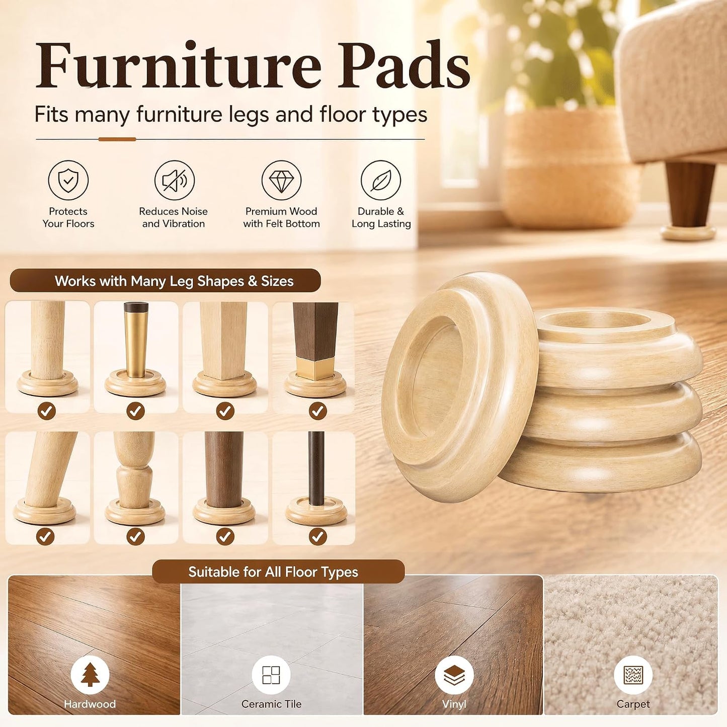 Caster Cups,Piano Caster Cups Furniture Coasters for Hardwood Floors Wood Floor Protectors for Furniture Piano Floor Protectors (Natural)