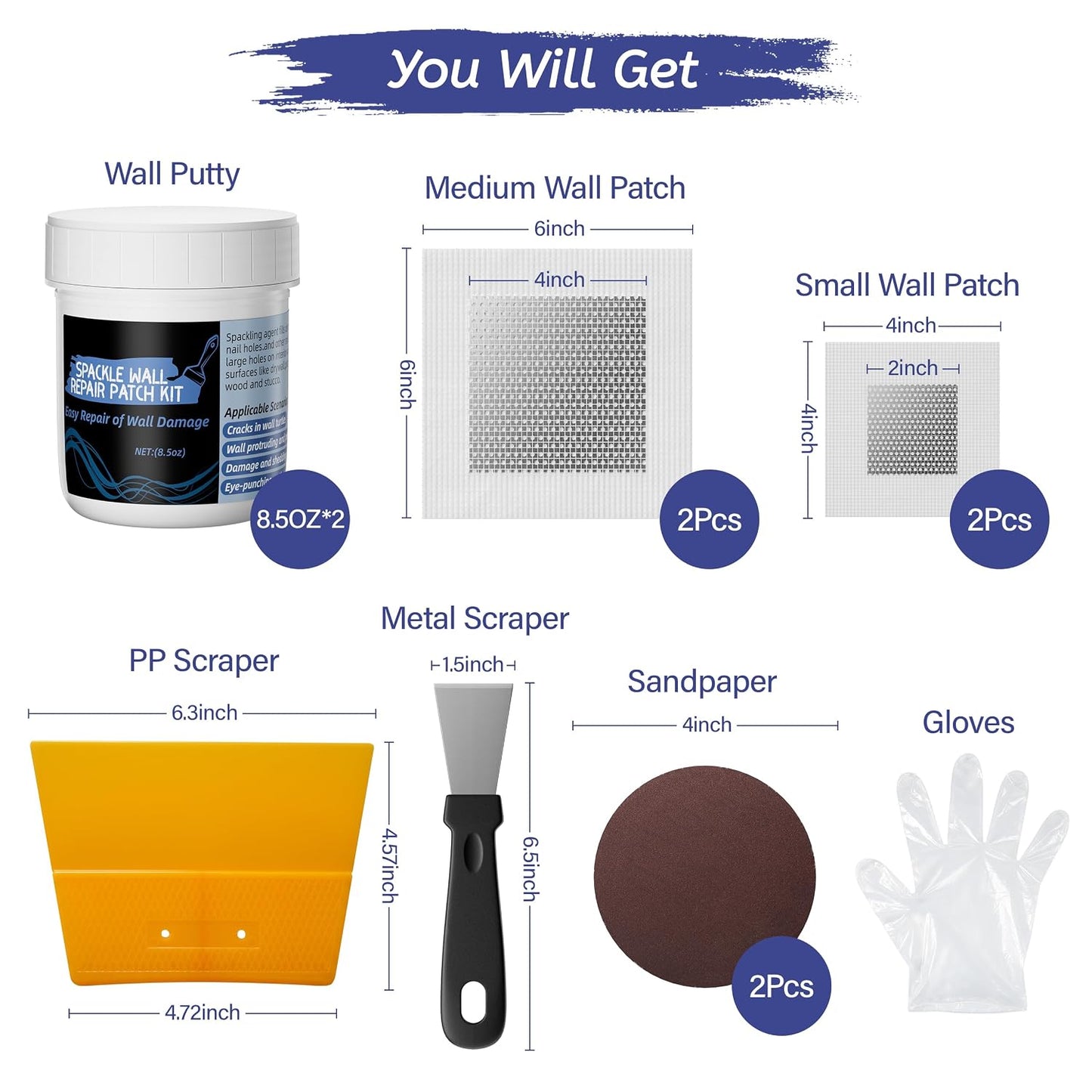 Oriflame Drywall Repair Kit: 8.5 Ounce Spackle Wall Repair with Patch/Scraper/Sandpaper/Gloves - White Wall Putty for Nail Holes/Cracks/Dents/Stains/Peeled Wall (1)