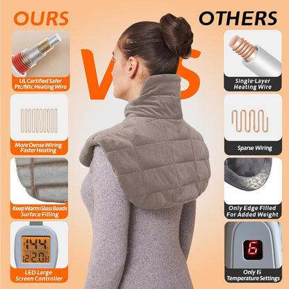 Ambershine 19''x24'' Weighted Neck & Shoulder Heating Pad, 2.5lbs with 12 Temperature Settings& 4 Auto-Off Timers, Pain Relief for Neck/Shoulder/Back(Gray&Blue)