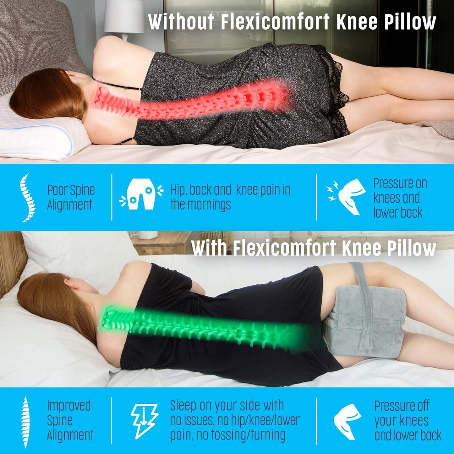 Thick Extra Firm Knee Pillow for Side Sleepers - Memory Foam Leg Pillow for Hip, Back & Knee Support, Large Between-the-Knees Cushion, Removable Layers & Strap