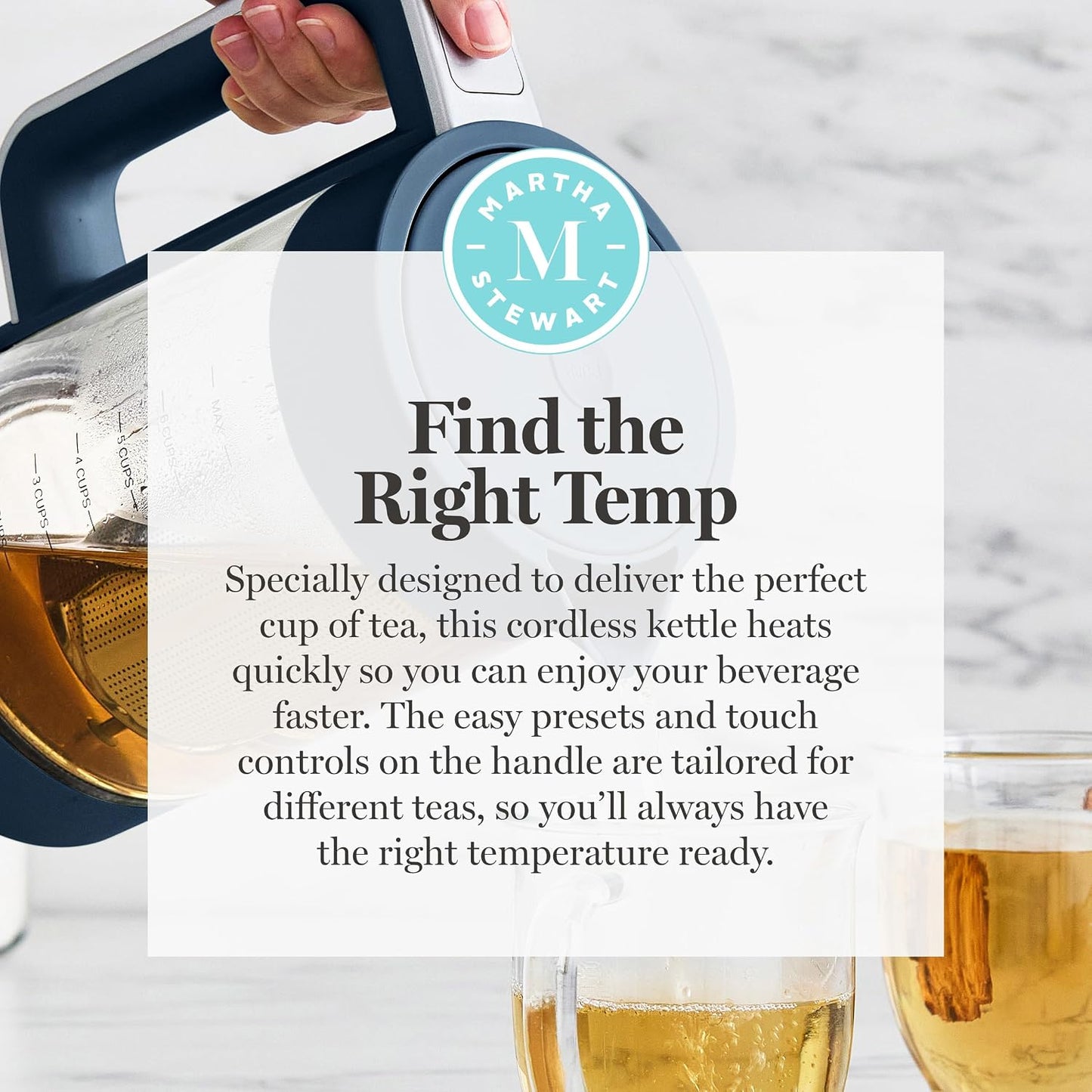Martha Stewart 1.7L Glass Carafe Electric Kettle with Removable Tea Infuser | 7 Cups, 4 Presets, Rapid Boiling, Stainless Steel Tea Leaf Infuser, Cordless Swivel Base, Keep Warm, Auto Shut-Off, Linen