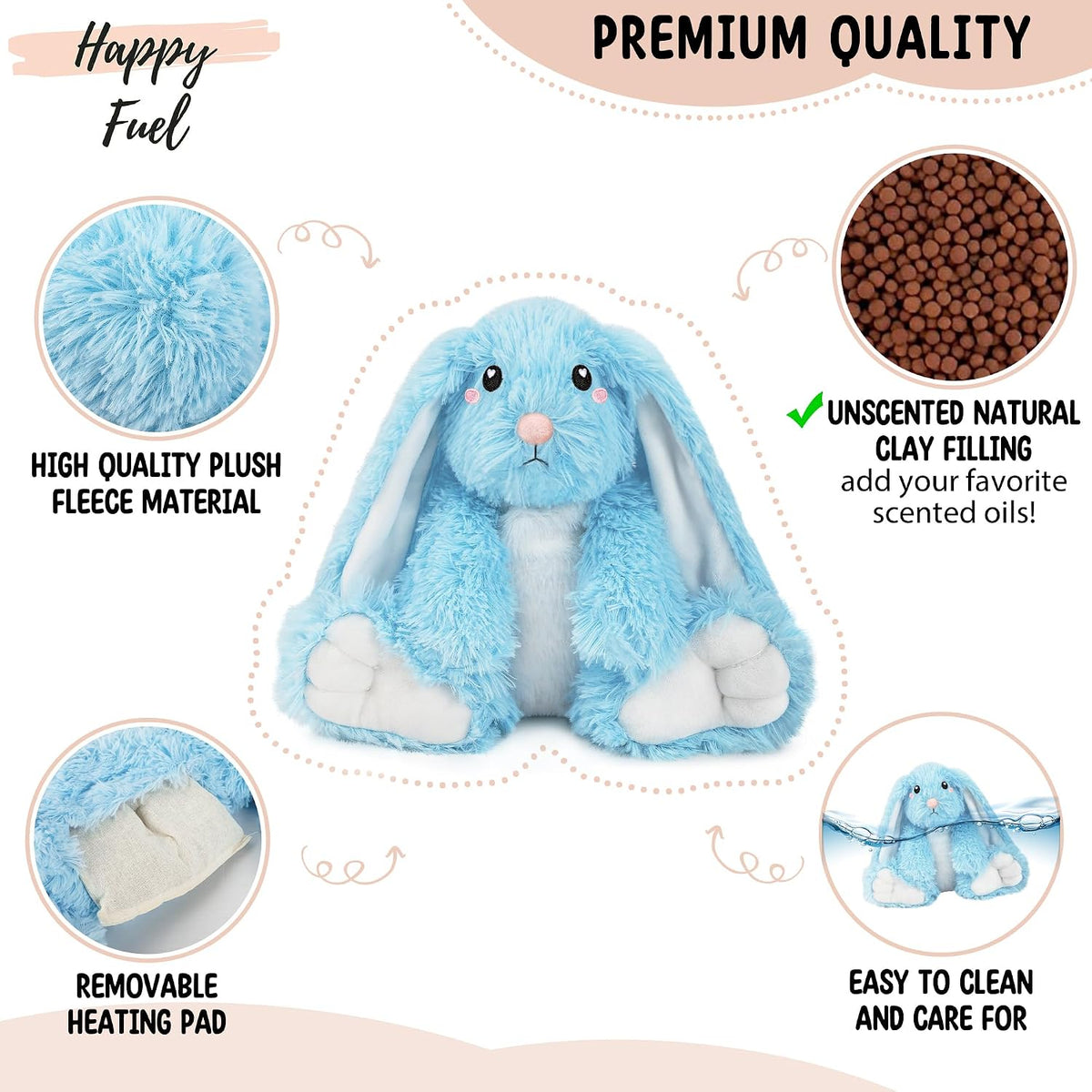 Bunny Microwavable & Weighted Stuffed Animals - 1.5 Lbs Unscented Heating Pad for Period Cramps Pain Relief and Anxiety, Cute Bunny Plush Toys Gifts for Women Girls Adults and Kids by Happy Fuel