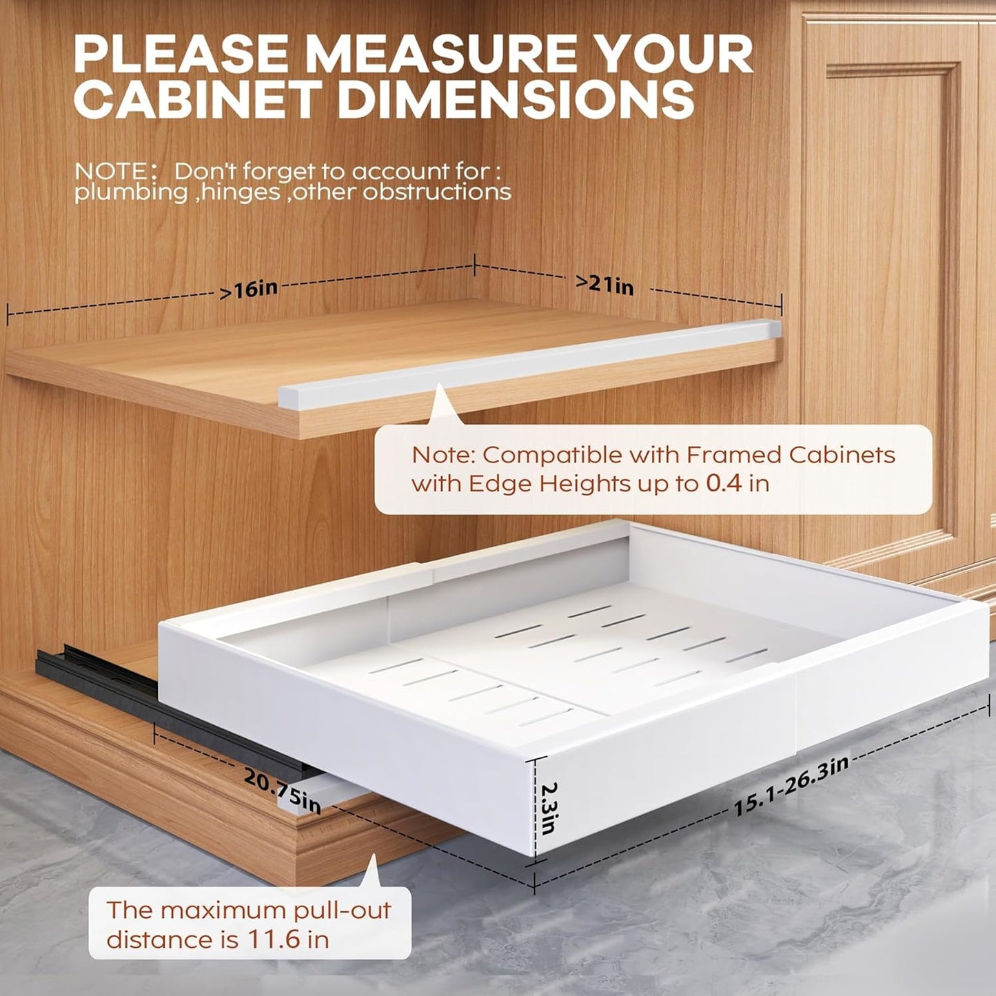 Seinloes 2 Pack Pull Out Cabinet Organizer for Wide Cabinets,Expandable 15.1"-26.3" Width,21" Deep Slide Out Drawers With Raising Pad for Framed Cabinets,3 Slide Rails,No Drill Roll Out Shelves,White