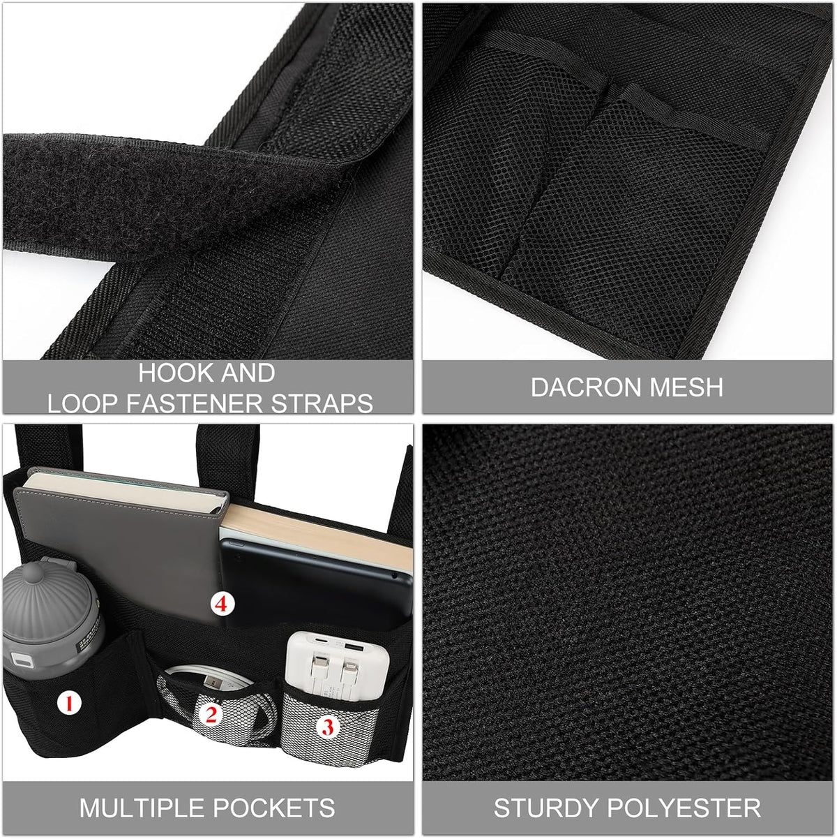 Surblue Bedside Caddy Bed Organizer Hanging Storage Bag for Hospital Beds Bunk Rooms Baby College Dorm Bed Rails Camp Wheelchairs,4 Pockets,Black