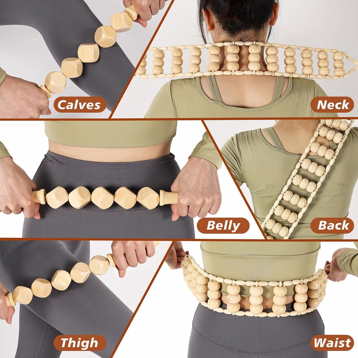 Wood Therapy Tools for Body Shaping,8 in 1 Wood Therapy Massage Tools,Wooden Gua Sha Tools,Lymphatic Drainage Massager,Maderoterapia kit,Wooden Massager Roller Rope for Body Shaping, Beige