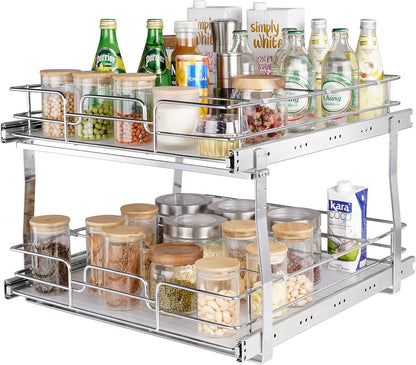 VEVOR Pull Out Cabinet Organizer, 14" Wx21.2 Dx15.2 H Heavy 2 Tier Duty Slide Out Pantry Shelves, Chrome-Plated Steel Roll Out Drawer for Under Sink, 15.5" Wx22.5 Dx19 H Install Size for Cabinet