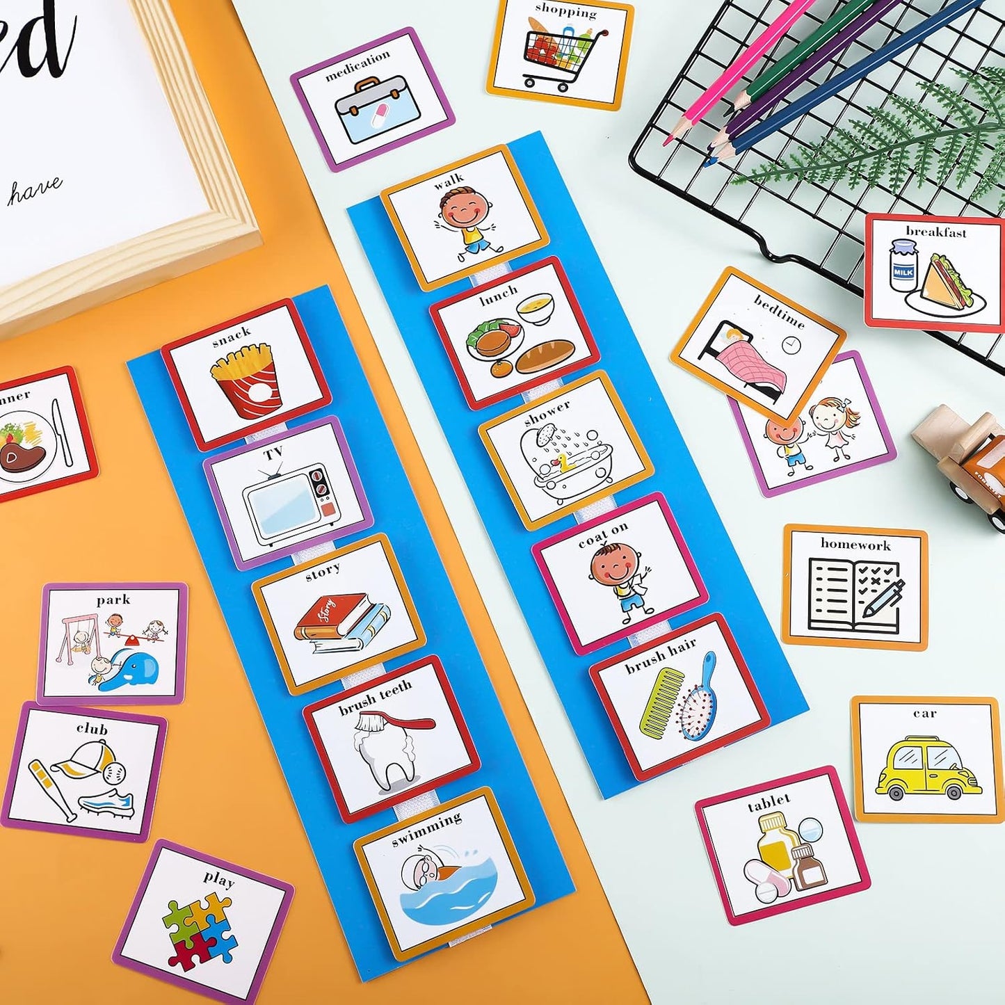 35 Pieces Visual Schedule Cards Routine Cards Home Chore Chart Routine Autism Learning Materials with 35 Pieces Hook and Loop Dots(Cute Style,Blue)