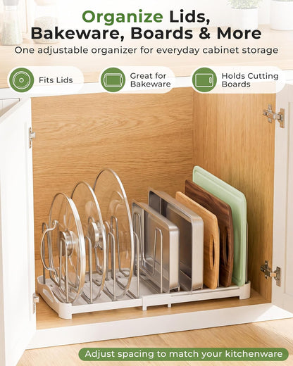 EVERIE Adjustable Cabinet Organizer for Pot Lids, Bakeware, Cookie Sheets & Cutting Boards, Upright Storage Rack for Kitchen Cabinet, Stable Dividers, 9.7" Deep, 12.6" to 21.5" Wide, GS02SS | 5mm Steel Dividers, Anti-Wobble, M-Slot for Lid Handles,