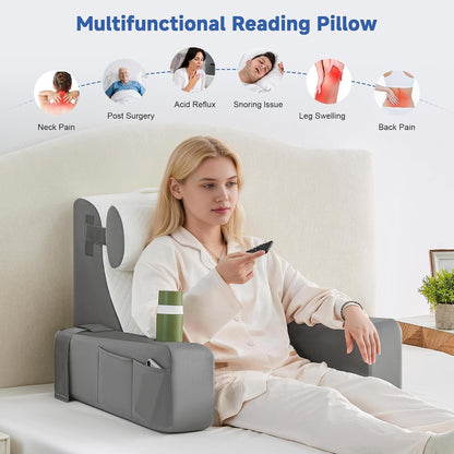 Reading Pillow for Sitting in Bed Adult, Back Pillow for Bed Sitting up with Arms, Pockets and Cup holder, Sit Up Backrest Pillows for Beds Chair Support, Rest Pillow for Gaming (Light gray)