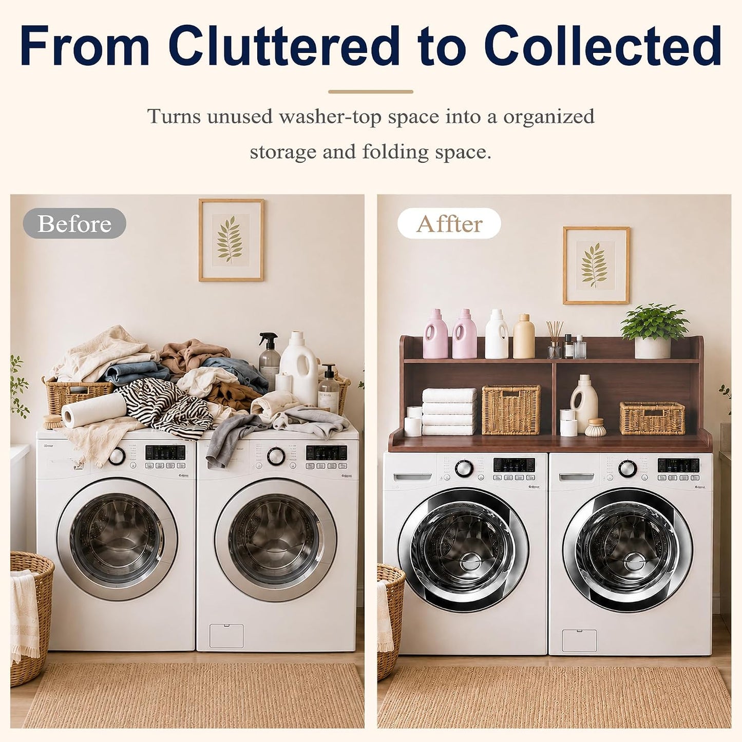 Royxen Washer Dryer Countertop with Extra Tall Shelf, 19" Height Washer and Dryer Topper, Laundry Countertop with Non-Slip Pads, Universal Fit for Laundry Room Organization, Walnut
