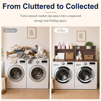 Royxen Washer Dryer Countertop with Extra Tall Shelf, 19" Height Washer and Dryer Topper, Laundry Countertop with Non-Slip Pads, Universal Fit for Laundry Room Organization, Walnut