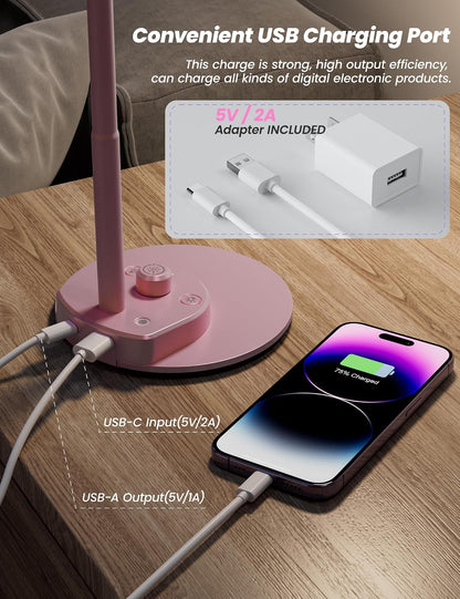 BOHON LED Desk Lamp with USB Charging Port 3 Color Modes Dimmable, Black | Reading Light Intelligent Induction Auto Dimming Task Lamp Neck Flexible Table Lamp for Bedside Office, AC Adapter Include