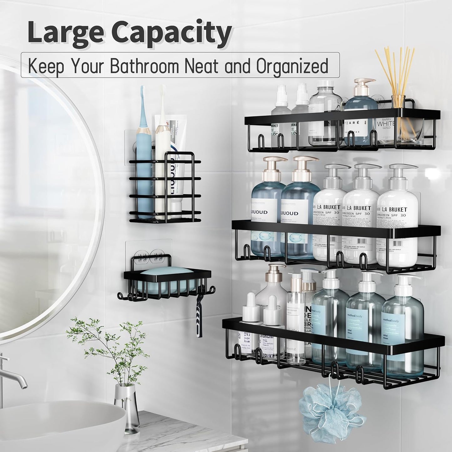 Liuoud 5 Pack Shower Caddy for Inside Shower, Gold Bathroom Storage Decor | Large Rustproof Stainless Steel Organizer with Strong Adhesive, No Drilling Wall Mounted Shelves, Bathroom Accessory Set