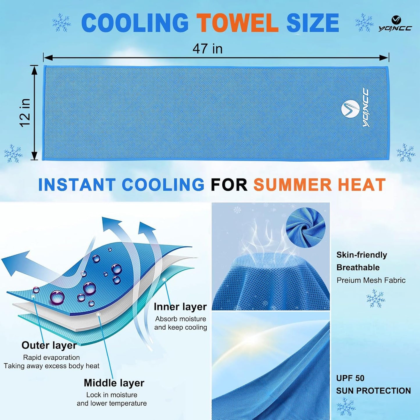 YQXCC 4 Pack Cooling Towels (47"x12"), Ice Cool Towels for Neck & Face | Soft Breathable Microfiber, Instant Cooling Neck Wraps, Ideal for Yoga, Golf, Gym, Running, Camping & Hot Weather