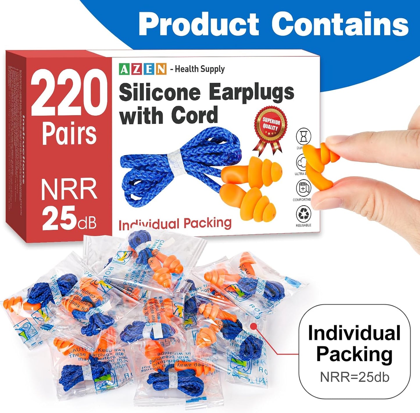 AZEN 55 Pairs Silicone Ear Plugs, Reusable Earplugs for Noise Reduction, 25dB NRR Corded Ear Plug for Sleeping Noise Cancelling, Ear Plug with String Individual Packing