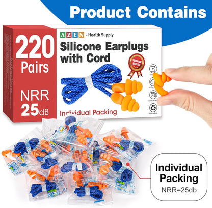 AZEN 55 Pairs Silicone Ear Plugs, Reusable Earplugs for Noise Reduction, 25dB NRR Corded Ear Plug for Sleeping Noise Cancelling, Ear Plug with String Individual Packing