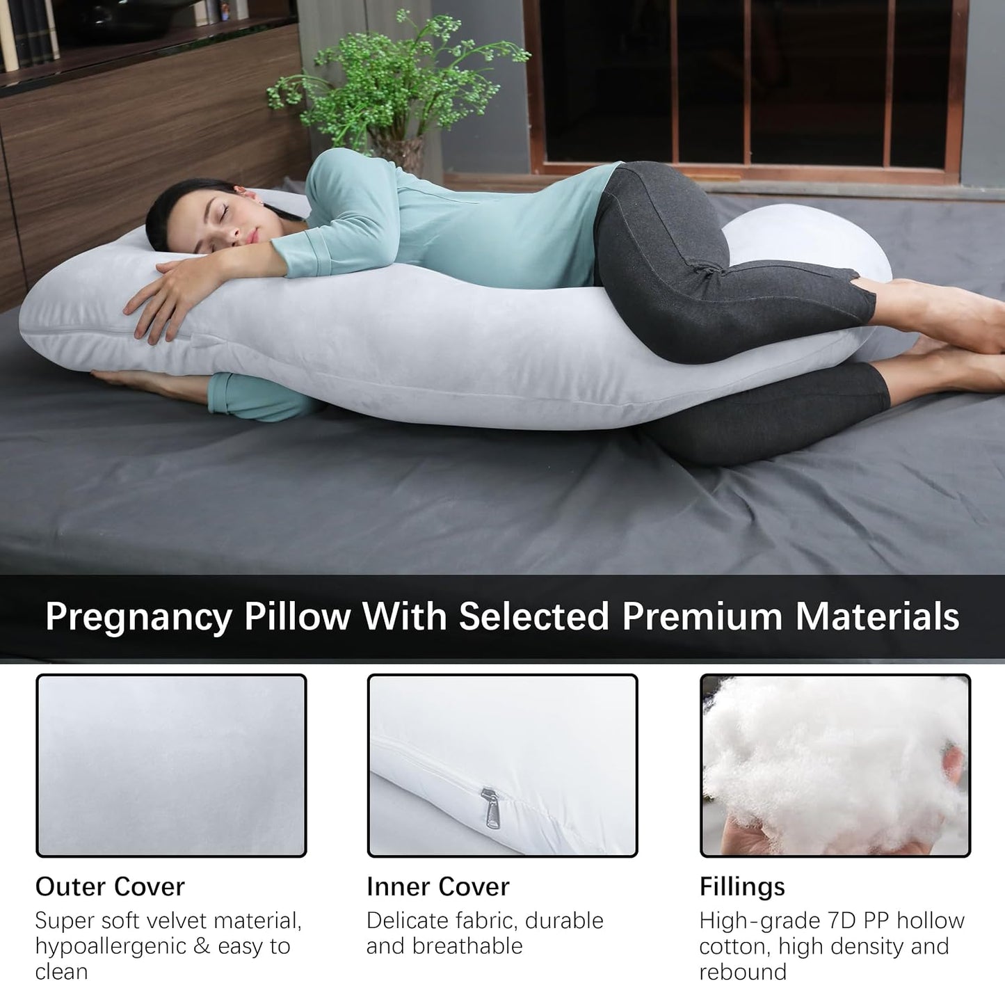 MOON PARK Pregnancy Pillows for Sleeping - 57 Inch U Shaped Full Body Maternity Pillow with Removable Cover - Support for Back, Legs, Belly, Hips - Pregnancy Pillow for Women - Grey