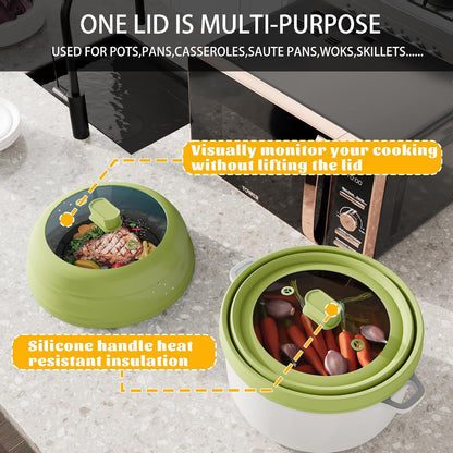 Microwave Splatter Cover, Vented Silicone and Glass Cover Splatter Guard Lid, Food Collapsible Plate Cover Lid with Easy Grip Handle. (Green, 9 inch)