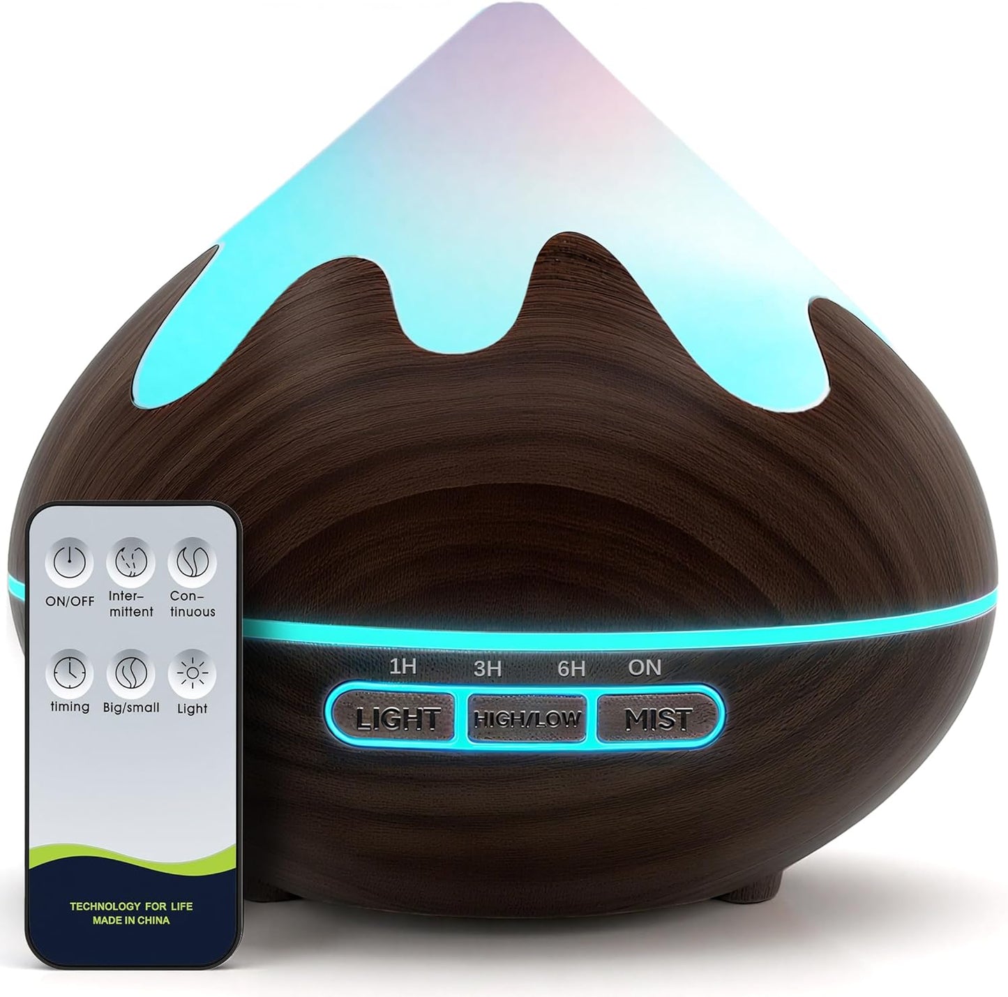 500ML Essential Oil Diffuser, Aromatherapy Diffuser with Remote Control, Multifunctional Air Diffusers for Home Office Room, Fragrance Aroma Diffuser with 7 Color LED & 2 Mist Mode, Brown