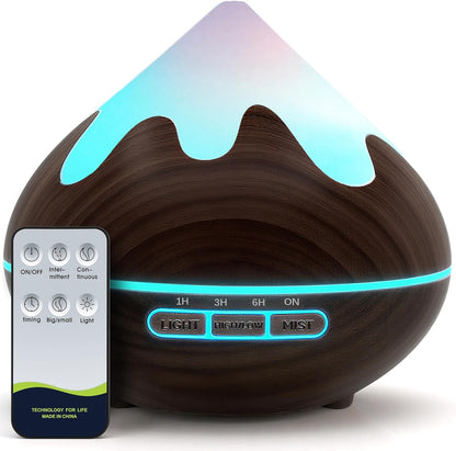 500ML Essential Oil Diffuser, Aromatherapy Diffuser with Remote Control, Multifunctional Air Diffusers for Home Office Room, Fragrance Aroma Diffuser with 7 Color LED & 2 Mist Mode, Brown