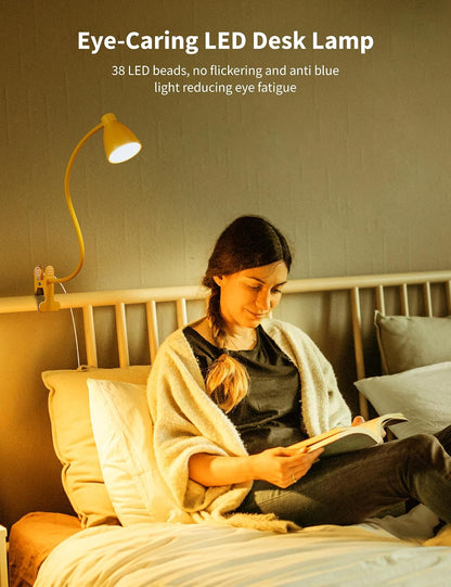BOHON Desk Lamp 5 Color Modes 10 Brightness Dimmer Reading Light Black | 10W 38 LED Clamp Lamp with Auto Off Timer 360° Flexible Neck Clip on Light for Bed Bedside, AC Adapter Include