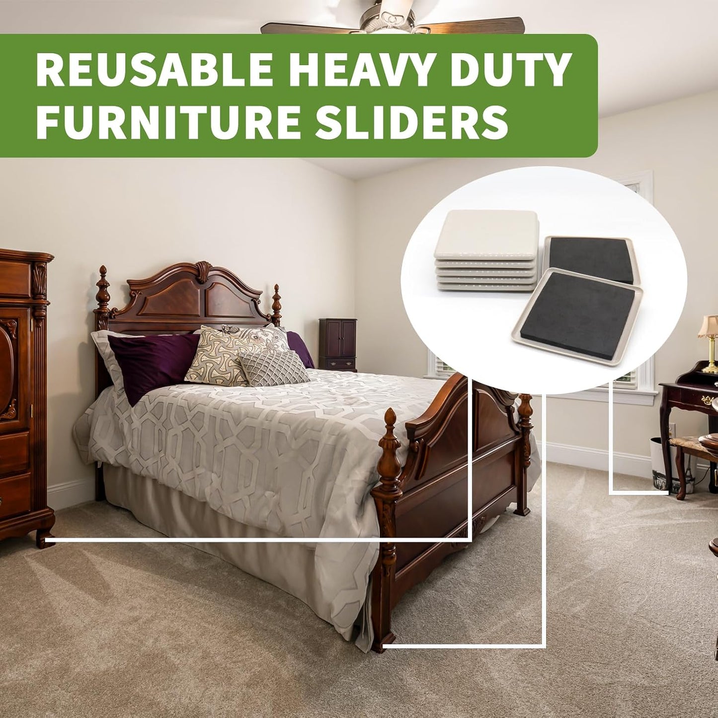 Furniture Sliders for Carpet 8 PCS - 3 1/2" Brown | Furniture Moving Sliders, Carpet Sliders for Furniture, Square Furniture Movers Sliders - Move Your Furniture Easily & Safely