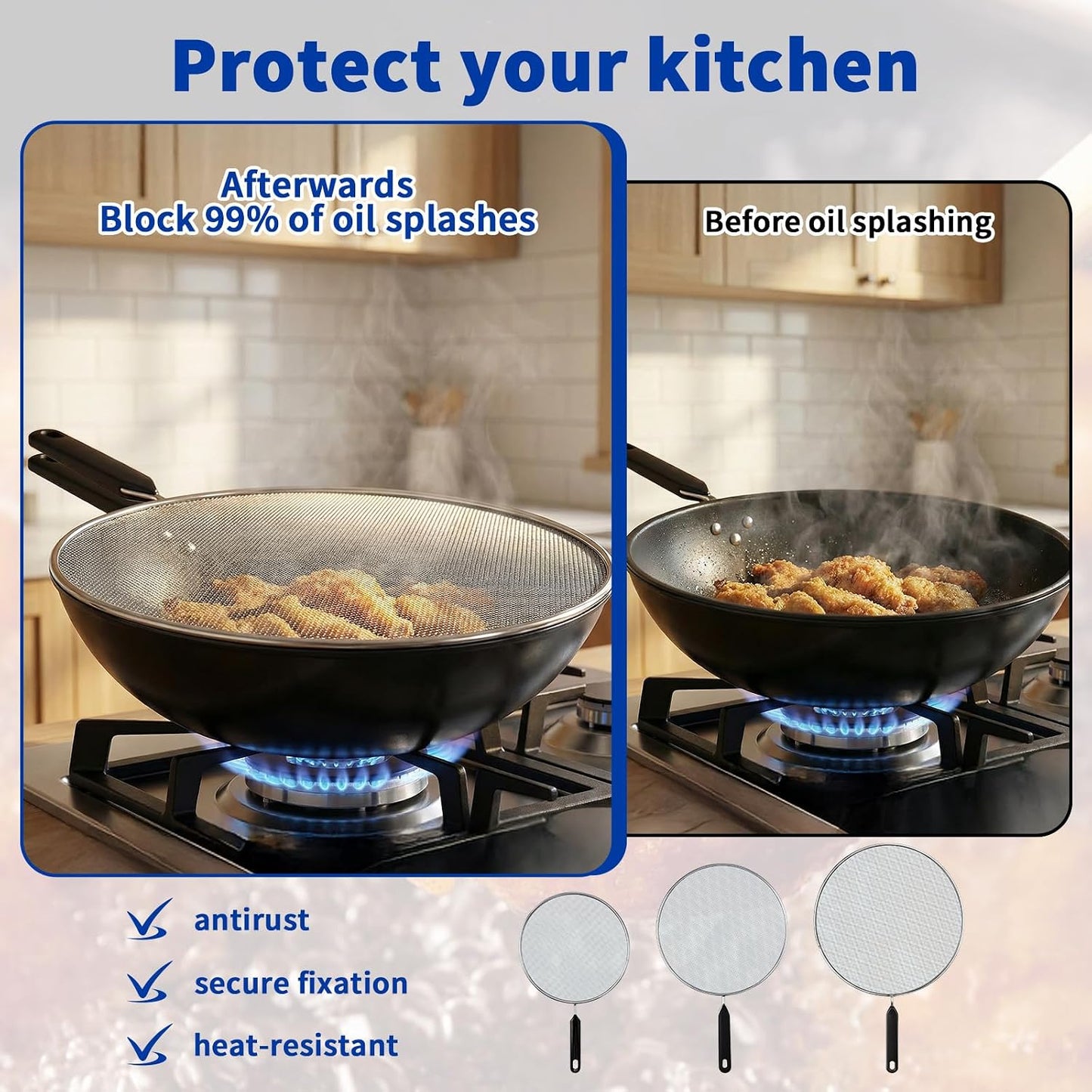 3-Pack Splatter Screen for Frying Pan - 8'' 10'' 11''Stainless Steel Grease Splatter Guard - Cover Oil Splash when Sizzling Bacon - Fine Mesh Cover, Splatter Screen for Frying Pan, Cooking Pots