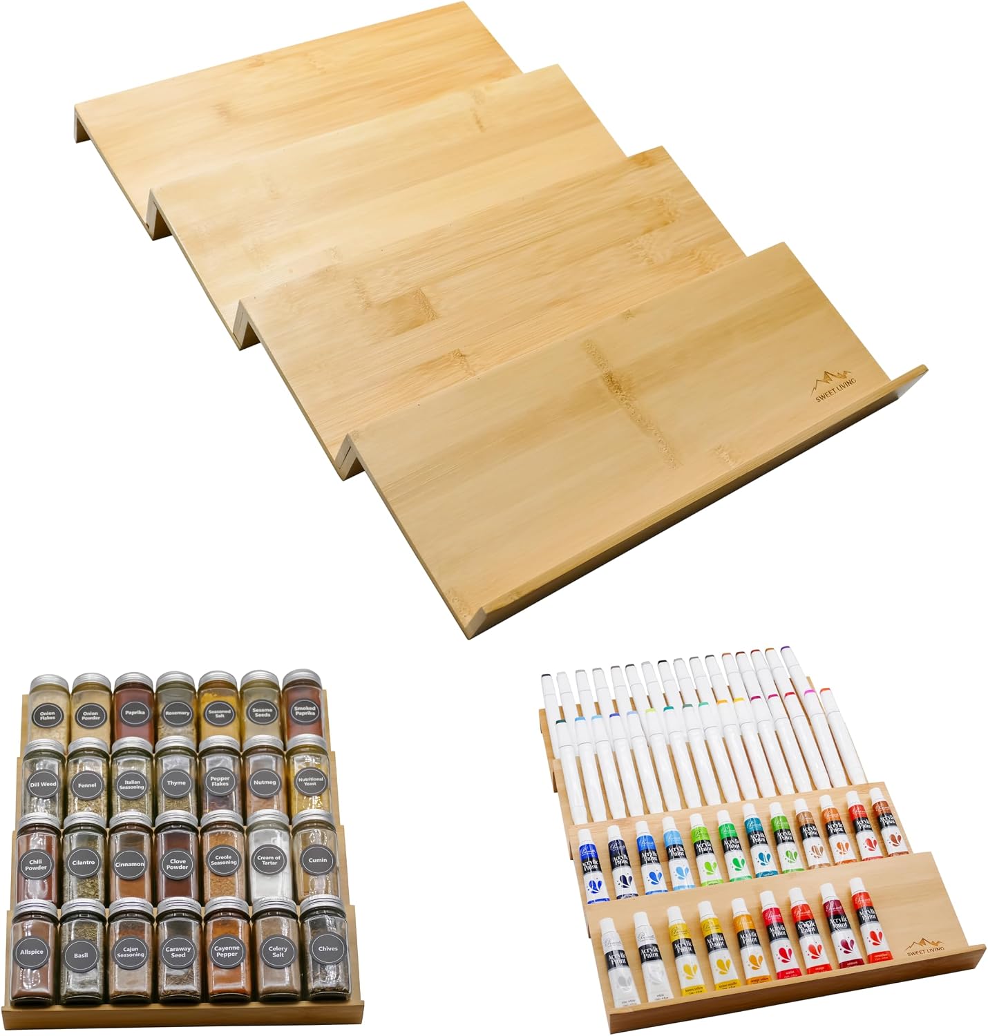 Sweet Living 4 tier spice rack drawer organizer for Kitchen Cabinets | Wooden spice drawer organizer, Space-Saving kitchen drawer organizer for Neat In-Drawer Spice Storage