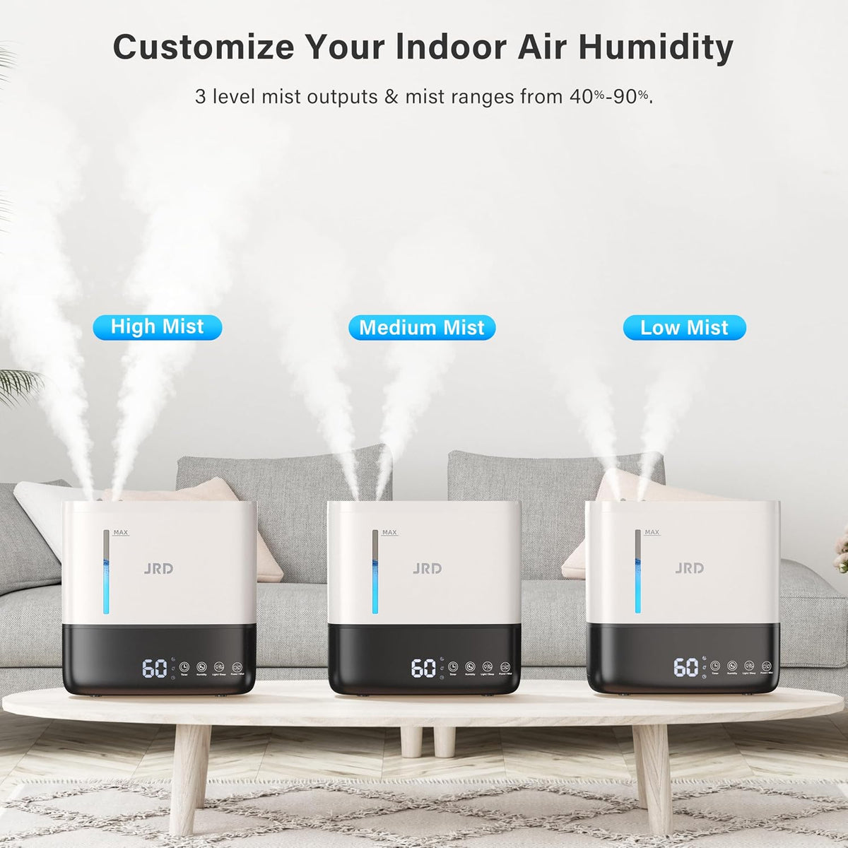 JRD Humidifiers 4L for Bedroom, Cool Mist Humidifier for Large Room, 40H Runtime, Night Light, 360° Nozzlefor Home, Office, Baby Nursery, Plants