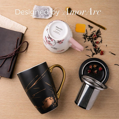 AmorArc Tea Cup With Infuser and Lid, 18oz Loose Leaf Tea Mug With Steeper | Porcelain Tea Mug With Infuser and Lid, Large Strainer Tea Cup with Lid for Tea, Coffee Mug for House-warming Birthday Gift