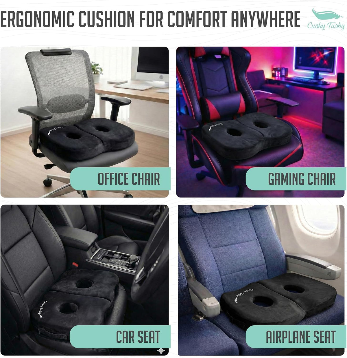 Cushy Tushy Premium Foldable Travel Seat Cushion - for Relief of Lower Back, Sciatic, Butt and Tailbone Pain - for Home & Office Use, Perfect for Travel or Driving - Coccyx Seat Cushion