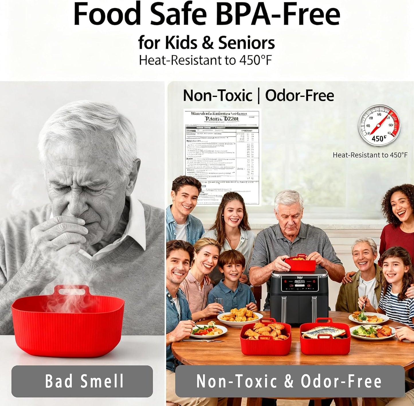 Silicone Air Fryer Liners for Ninja - Reusable DZ201 8QT Dual Basket - Rectangular 2-Pack Vacuum-Packed Easy-Clean Dishwasher-Safe Food-Safe for Home Chefs - Housewarming Gifts