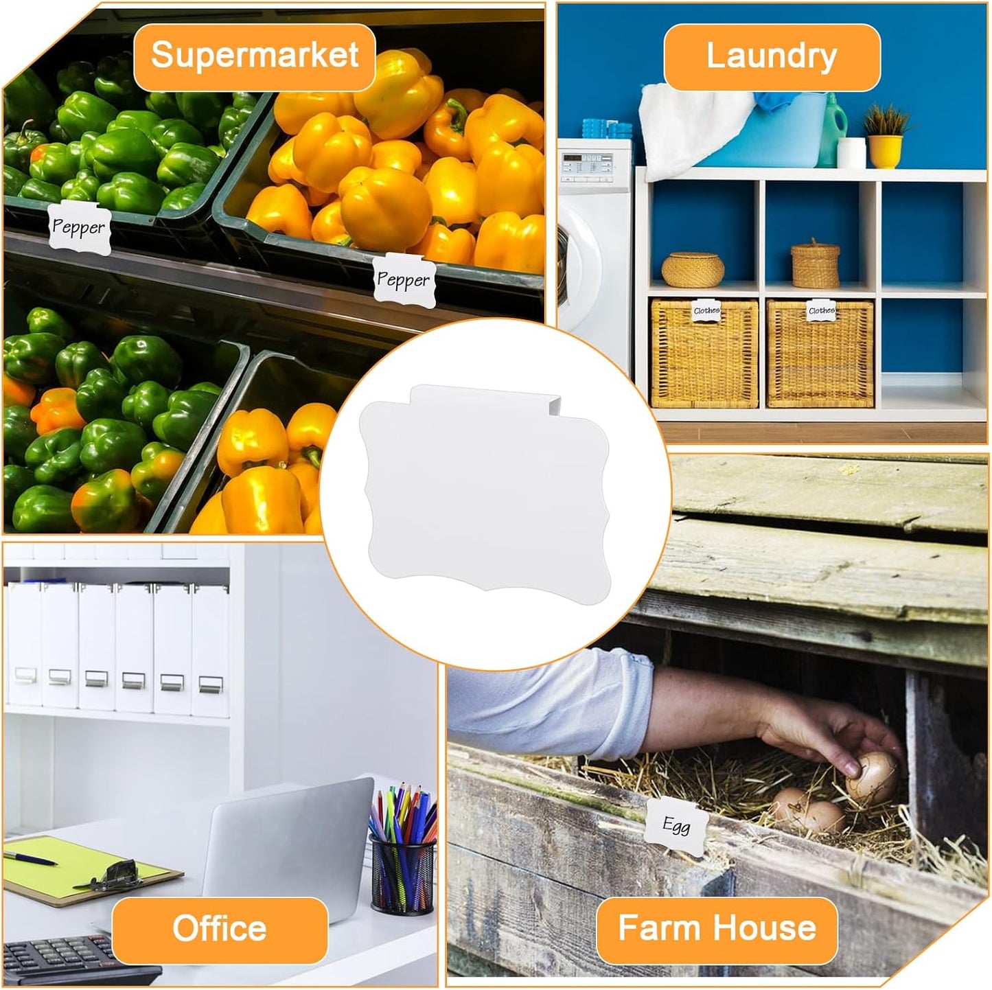 8 PCS White Basket Labels PVC Basket Labels 3.5x2.7 Inches | Clip On, Removable Label Holders, Baskets Label, for Storage Bins, Kitchen Pantry Closet, Organization, Hanging Box