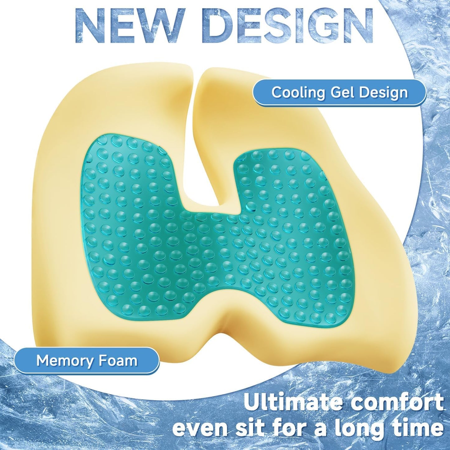Benazcap Large Cooling Gel Memory Foam Seat Cushion for Long Sitting | Ergonomic cushion. Relieves sciatica, tailbone & lower back pain, great for office work, gaming and long-distance car travel.