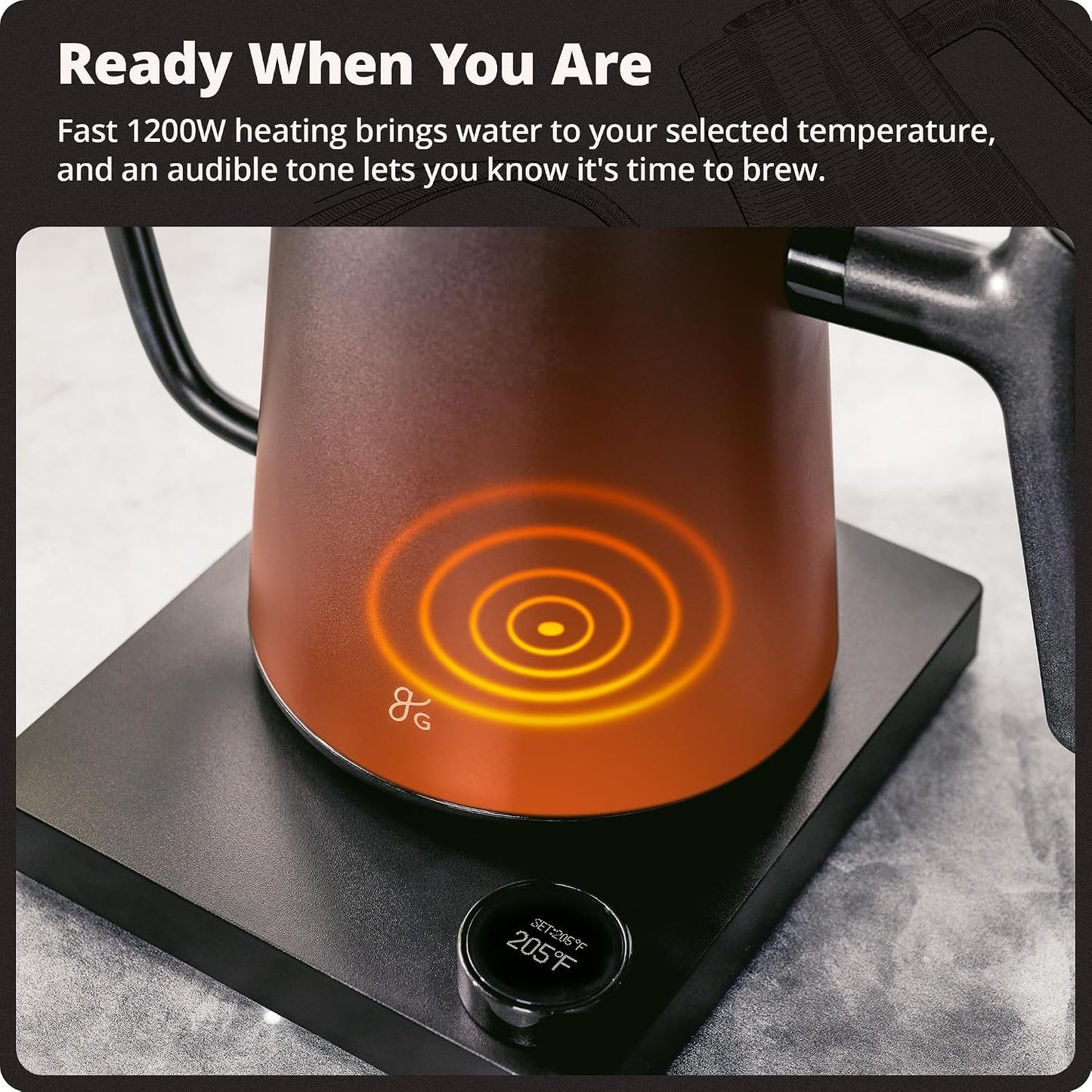 Greater Goods Gooseneck Electric Kettle, 1200W Temperature Control, 0.8L | Pour-Over & Tea Kettle with Stainless Steel Interior, Built-In Brew Timer, Fast Heating for Chemex, V60, & Matcha (Birch)
