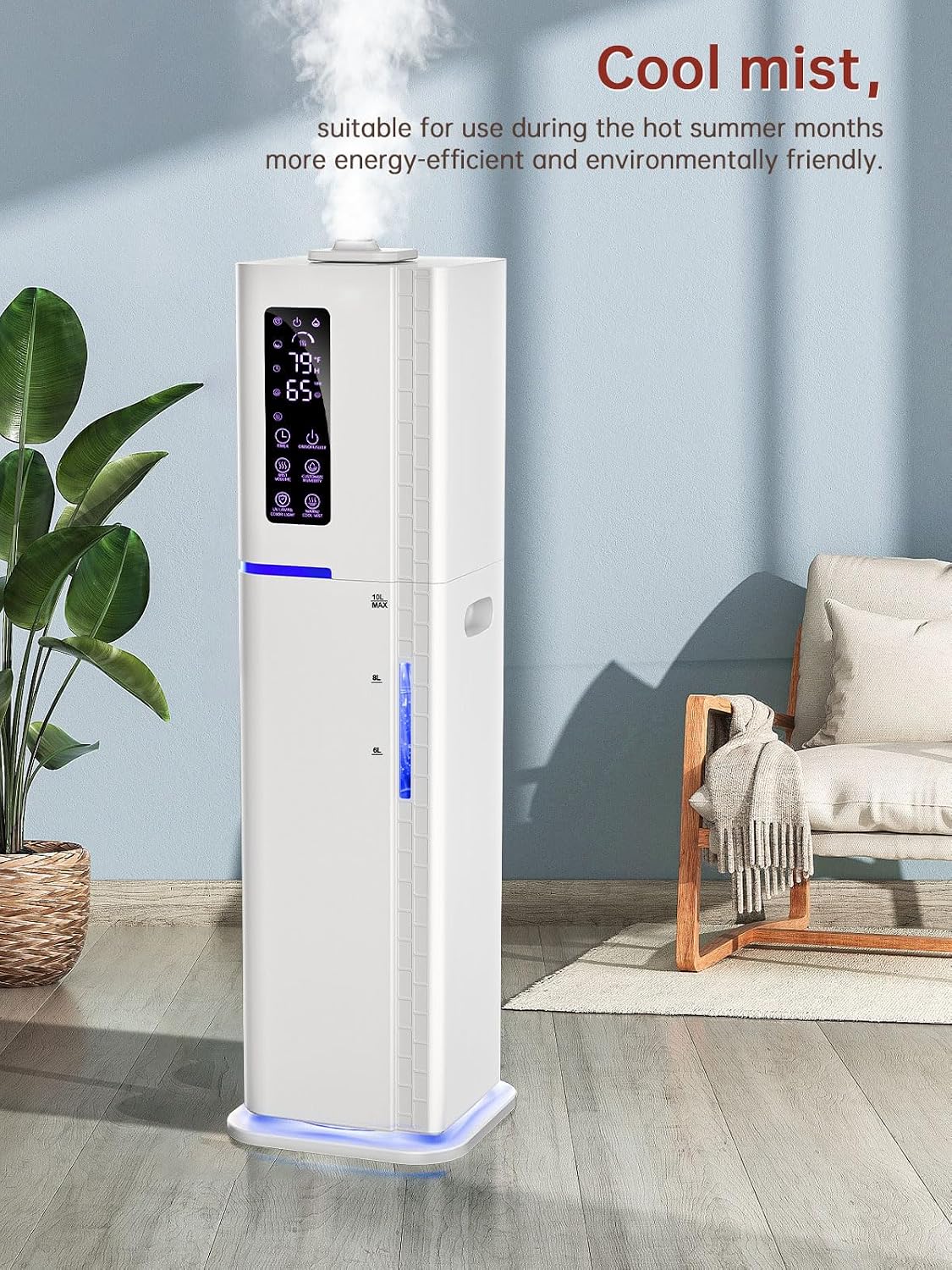 2.64Gal Humidifiers for Bedroom Large Room, Warm and Cool Mist up to 500ft², Top Fill Diffuser Ambient Light, 3 Mist Modes, 24H Timer, 35dB Quiet Humidifier for Home Office Plants