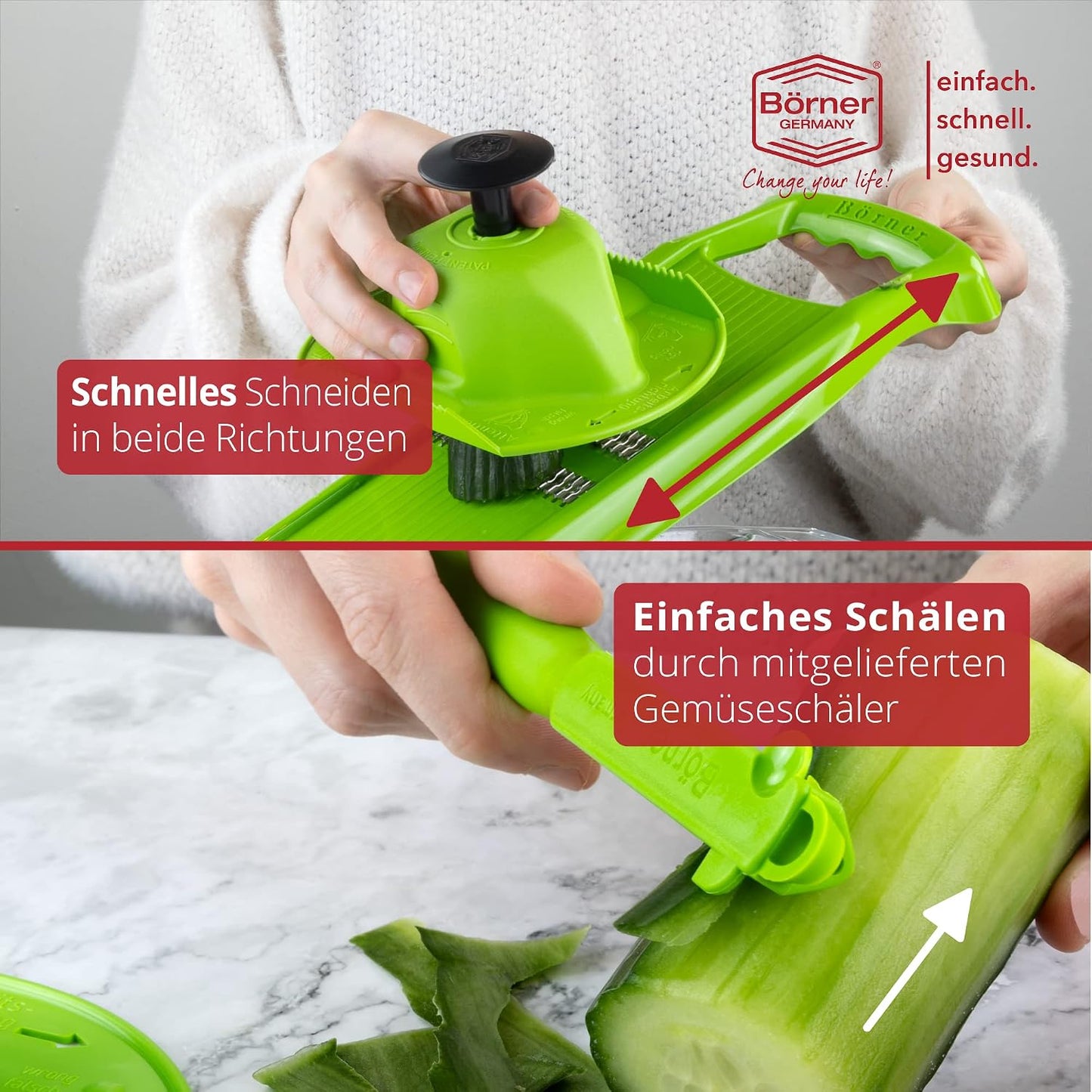 Börner Roko PowerLine Vegetable Slicer Set (2-piece) • Fine Julienne Cutter for Fruit and Vegetables + Safety Guard • Julienne Slicer • Mandoline Slicer Set • Kitchen Slicer (Red)