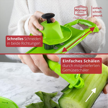 Börner Roko PowerLine Vegetable Slicer Set (2-piece) • Fine Julienne Cutter for Fruit and Vegetables + Safety Guard • Julienne Slicer • Mandoline Slicer Set • Kitchen Slicer (Red)