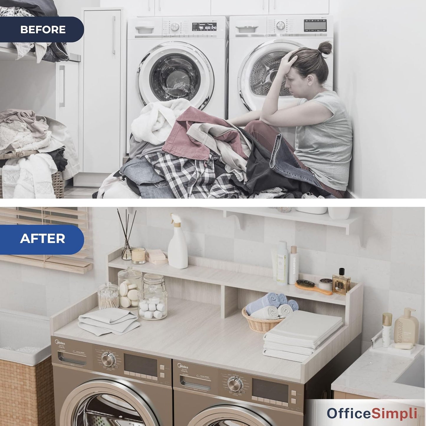 OfficeSimpli Washer Dryer Countertop, Shelf, Made in USA, 30x58 Rustic Oak | Non-slip pads stabilise the surface while the raised edge helps stop socks and supplies falling behind.