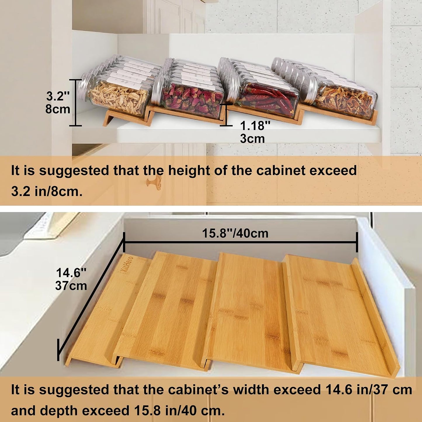 Spice Drawer Organzier,4 Tiers Bamboo Spice Rack Tray Insert for Cabinet Drawer Countertop, Kitchen Seasoning Storage Drawer Organization,14.57" Wide x 15.8" Deep （Hold UP To 32 Jars