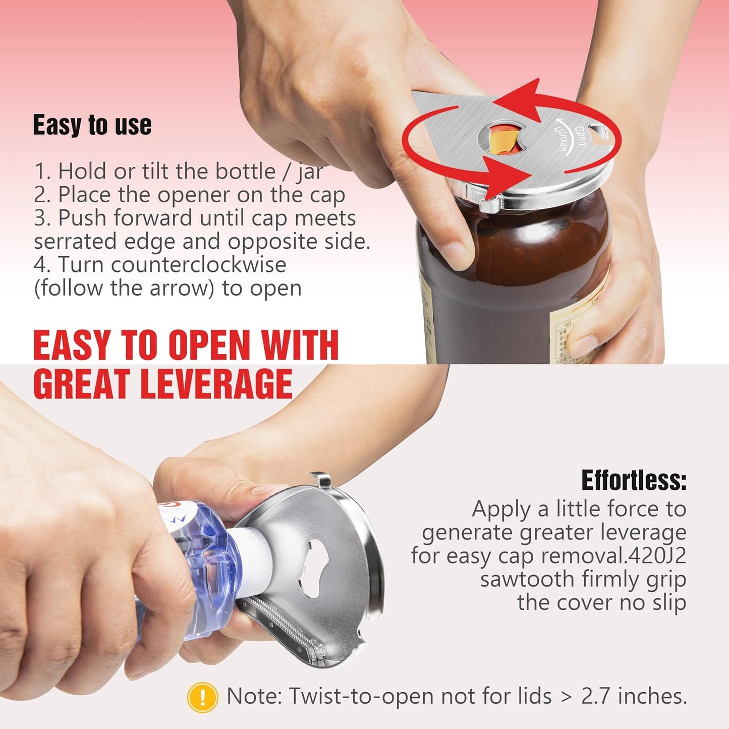 Uinxan 5 in 1 Bottle Opener for Small Jar Lid, Beer, Can Tab, Vacuum Seals | Effortlessly Opens Screw Caps(0.6"-2.7"), Stainless Steel Multi Portable Tool,Ideal for Seniors & Weak Hands (Silver)