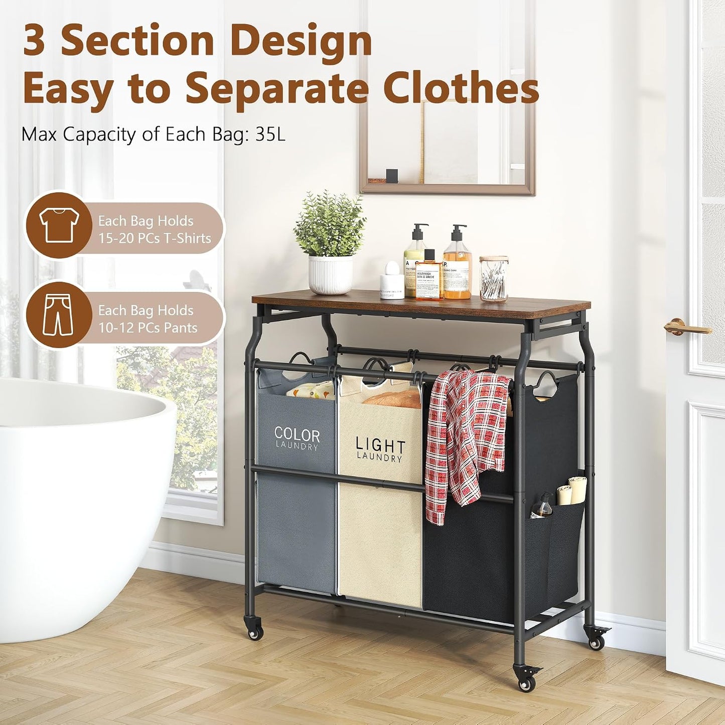 Hoctieon 3 Section Laundry Sorter with Iorning Board, Laundry Hamper, Black | Lockable Wheels, Laundry Basket Organizer with Wheels, Heavy Duty Clothes Organizer, Large Clothes Separator, Removable Bags