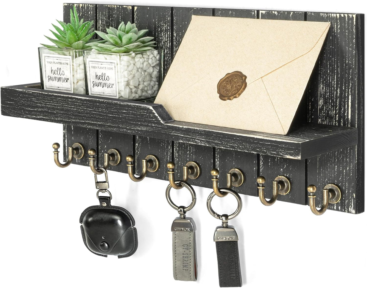 Rebee Vision Key Holder Wall Mount with 5 Key Hooks for Home Decor, Brown | 3.54'' x 10'' x 7.28'', Small Shelf for Display Plant, Key Hangers for Hat, Entryway Space-Saving Storage