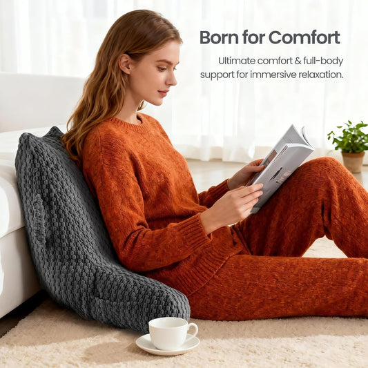 Standard Reading Pillow for Bed Sitting Up, Backrest Pillow with Shredded Memory Foam Filling, Back Support Cushion, Bed Rest Pillow with Arms, Pockets and Washable Cover-Grey