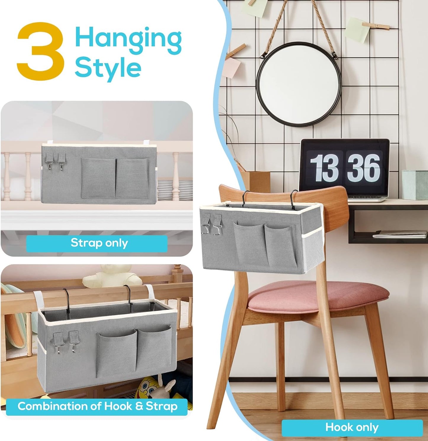 Kanrichu 1pcs Bedside Caddy Hanging Storage Bag, Organizer Baskets with Pockets for Bunk Bed Accessories, Loft & Dorm Rooms Chair Bed Rails (Grey-1pcs)